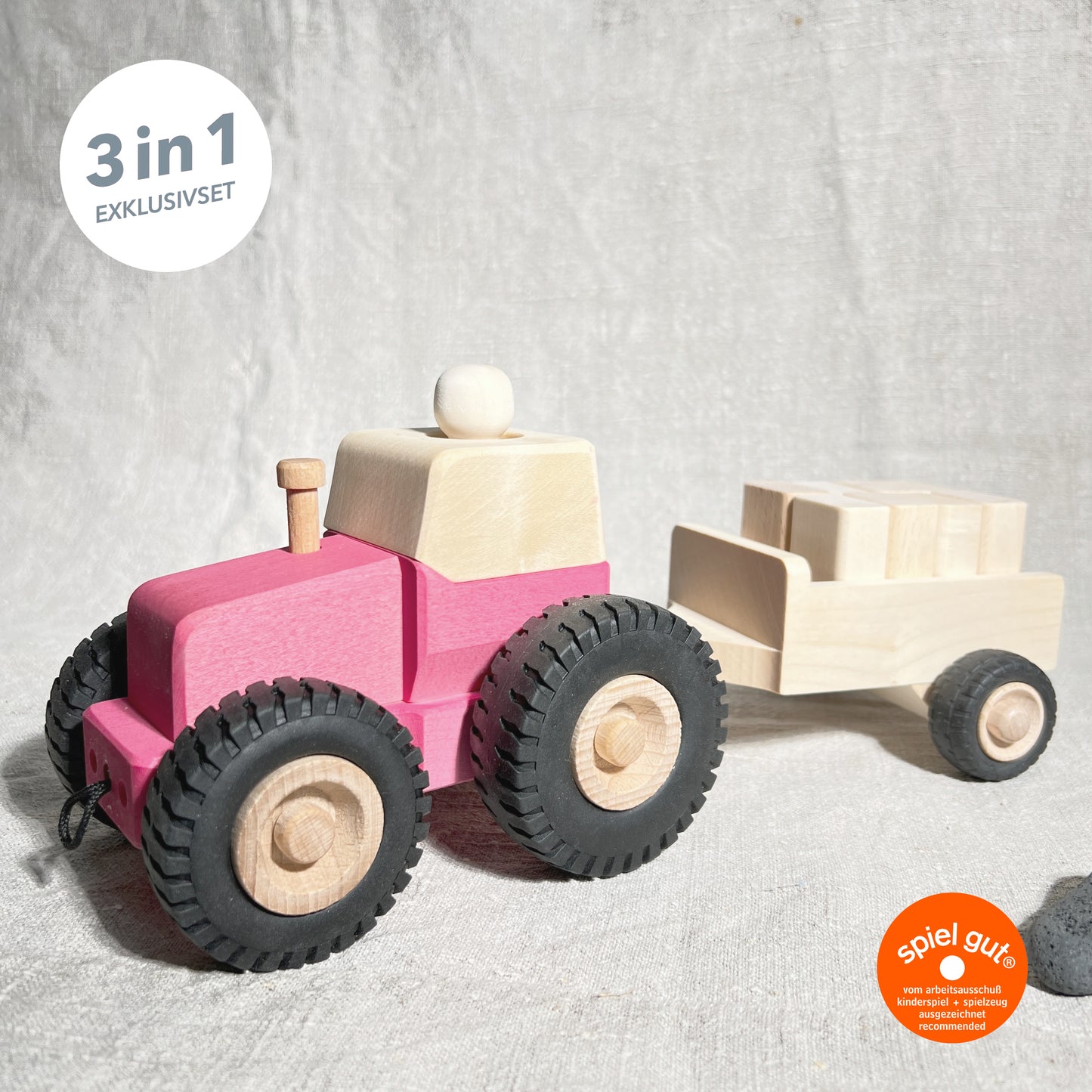 3 in 1 Exklusivset PINK! Traktor Bernd mit Anhänger Max und Sachen